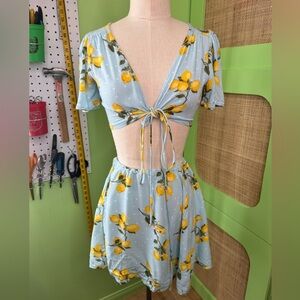 Lemon Print Tie-Front Crop Top and Skirt Set